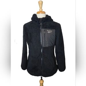 Reebok Sherpa Fleece Hoodie Jacket Black Zip Up Cozy‎ Athleisure L Post Workout